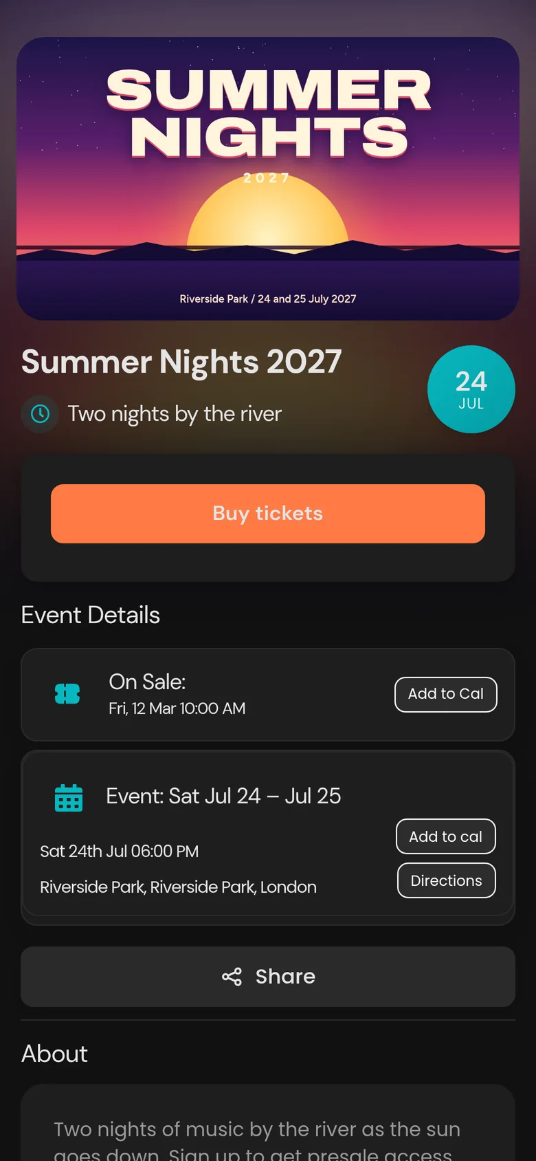 Demo page in On sale mode with a Buy tickets button.