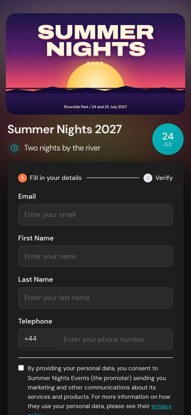 Summer Nights 2027 event page with a sign-up form, dark mode, orange button.